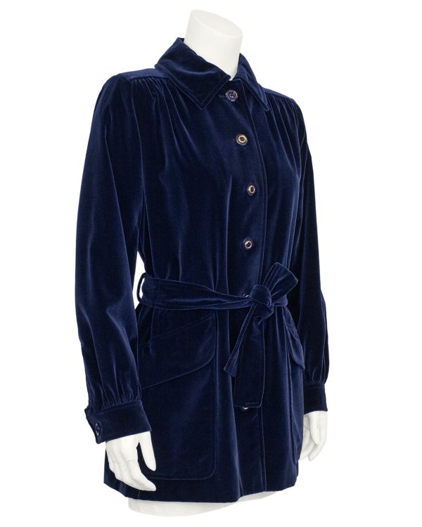 Navy Blue Velvet Belted Jacket on Sale