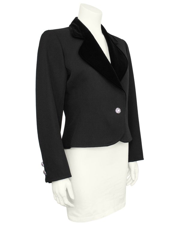 Black Cropped Blazer with Velvet Lapel and Crystal Accents Discount