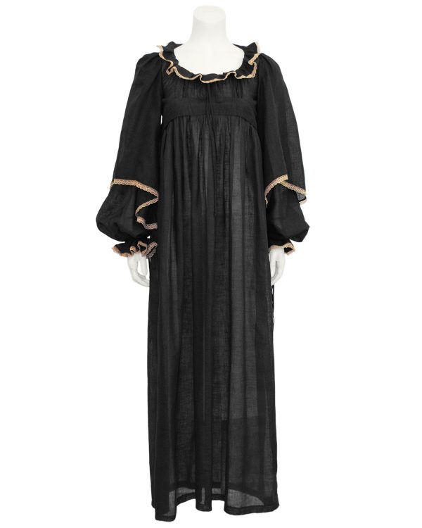 Black Long Cotton Day Dress with Lace Trim on Sale