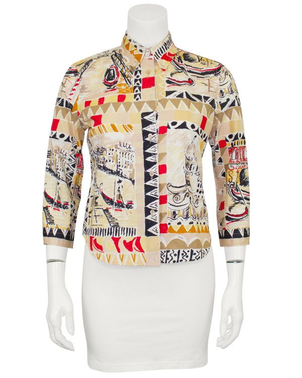 Tan SS 2004 Venezia Print Cropped Shirt For Cheap