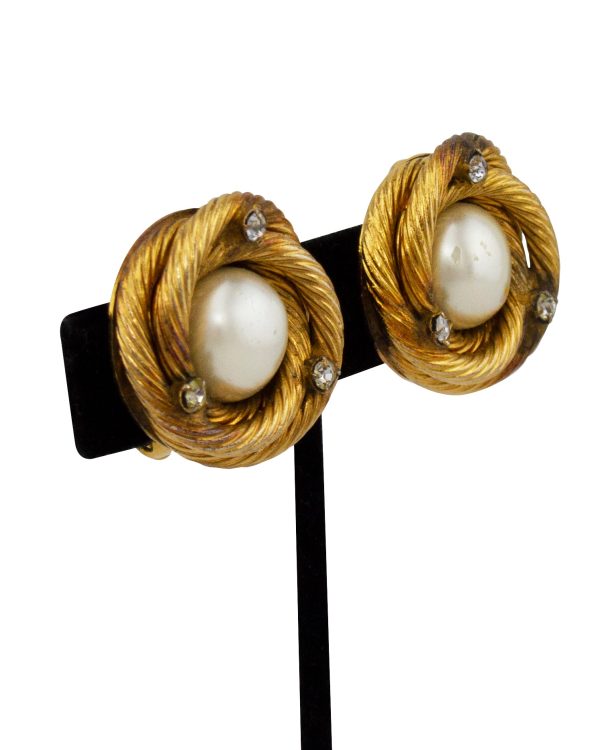 Gold, Pearl and Rhinestone Clip On Earrings For Discount