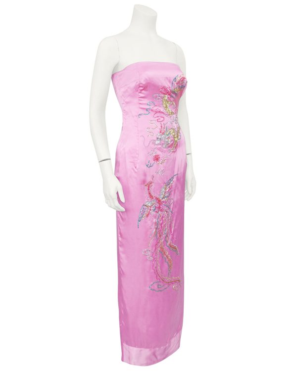 Pink Strapless Silk Gown with Beaded Dragon and Phoenix Hot on Sale