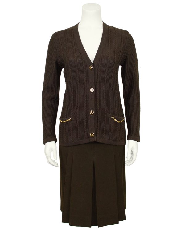 Brown Wool Cardigan and Gabardine Skirt Ensemble Cheap