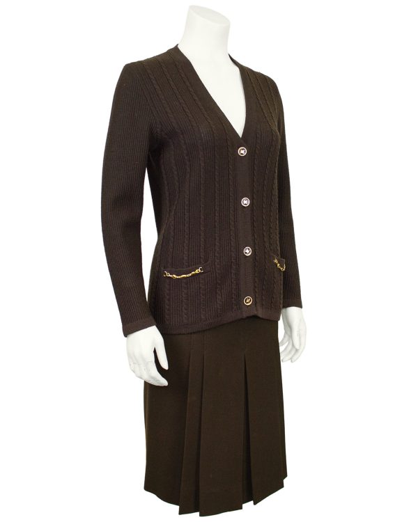 Brown Wool Cardigan and Gabardine Skirt Ensemble Cheap