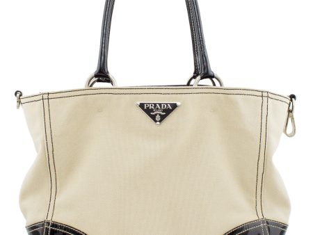 Beige Canvas Tote with Black Patent Leather For Discount