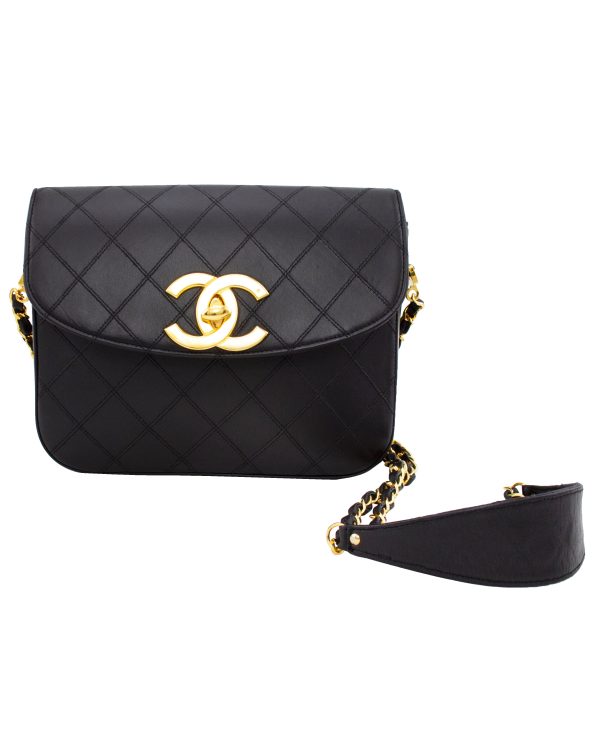 Black Leather Quilted Shoulder Bag with Chain For Sale