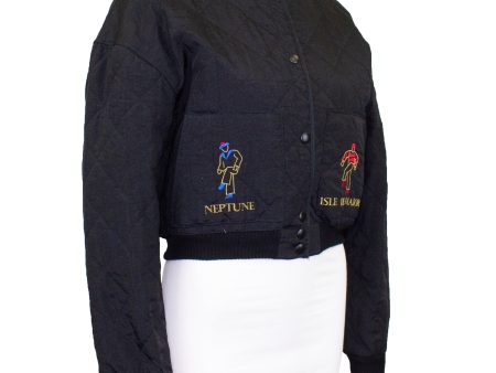 Black Quilted and Embroidered Bomber Jacket For Cheap