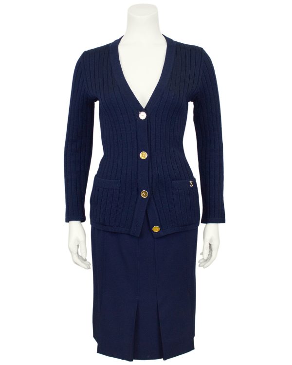 Navy Blue Wool Cardigan and Gabardine Skirt Ensemble Hot on Sale