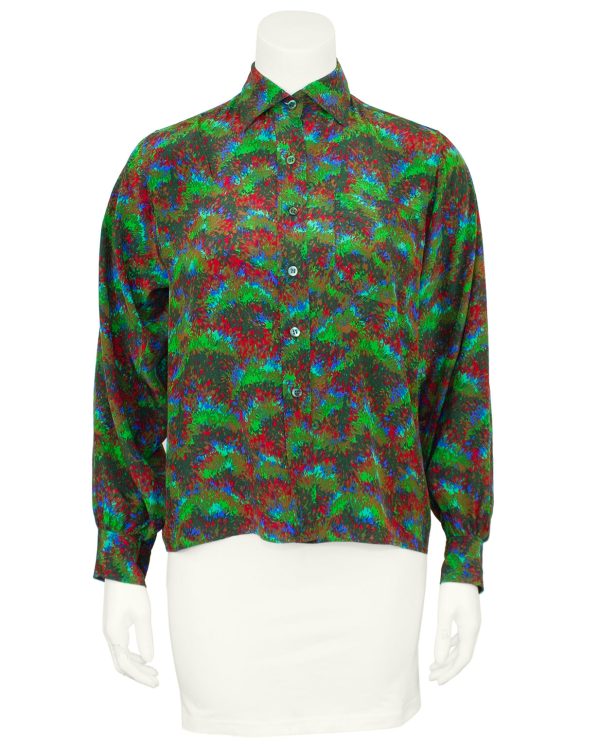 Green Silk Printed Blouse For Sale