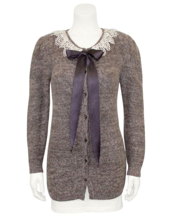 Brown Knit Cardigan with Lace Collar and Ribbon Tie Sale