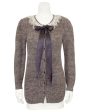 Brown Knit Cardigan with Lace Collar and Ribbon Tie Sale