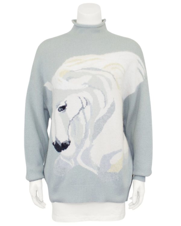 Blue and White Roll Neck Sweater with White Horse Hot on Sale