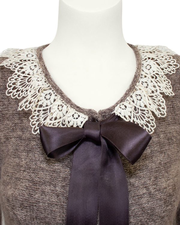 Brown Knit Cardigan with Lace Collar and Ribbon Tie Sale