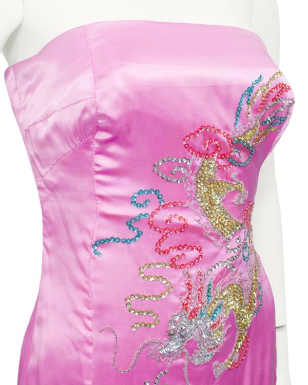 Pink Strapless Silk Gown with Beaded Dragon and Phoenix Hot on Sale