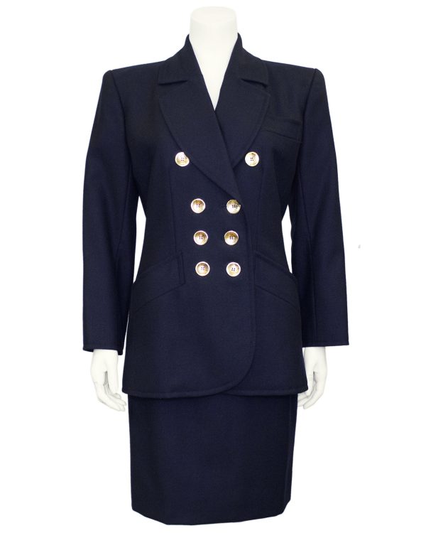 Navy Wool Skirt Suit with Gold Buttons For Discount