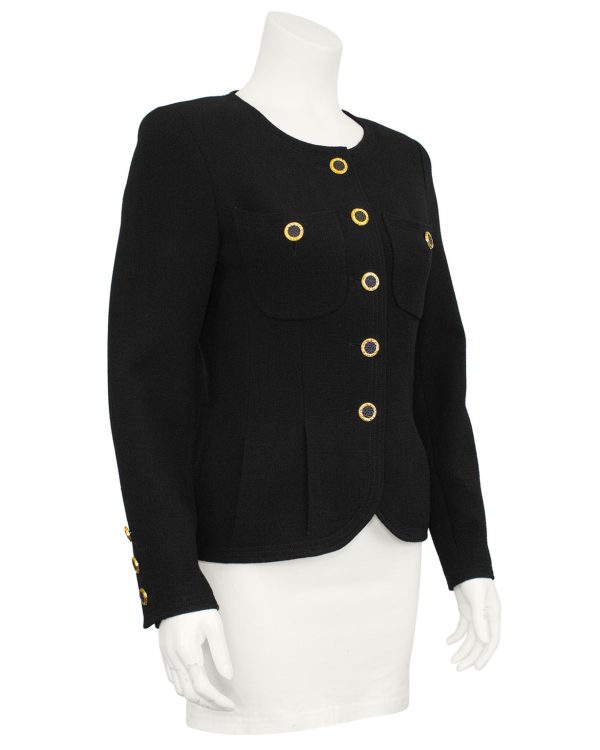 Black Collarless Jacket with Gold Buttons Online Hot Sale