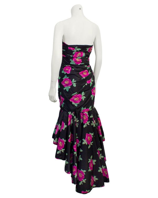 Black Taffeta Strapless Floral Gown Fashion