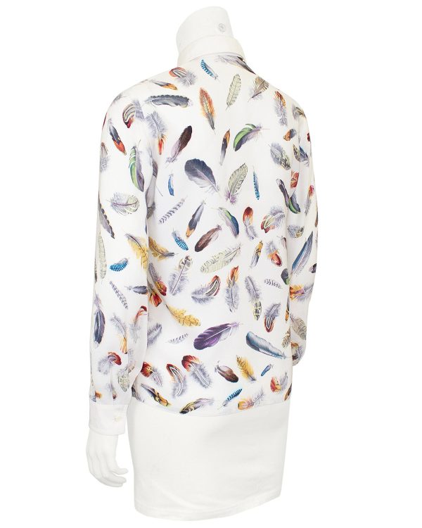 White Silk Blouse with Feather Print on Sale