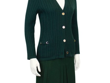 Green Wool Cardigan and Gabardine Skirt Ensemble Online Hot Sale