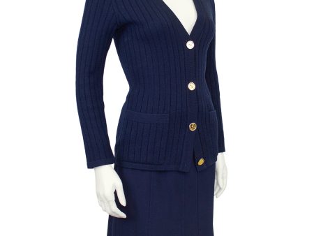 Navy Blue Wool Cardigan and Gabardine Skirt Ensemble Hot on Sale