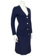 Navy Blue Wool Cardigan and Gabardine Skirt Ensemble Hot on Sale