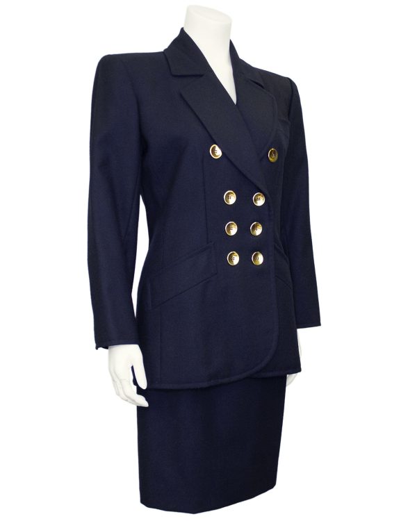 Navy Wool Skirt Suit with Gold Buttons For Discount