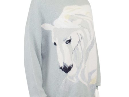 Blue and White Roll Neck Sweater with White Horse Hot on Sale