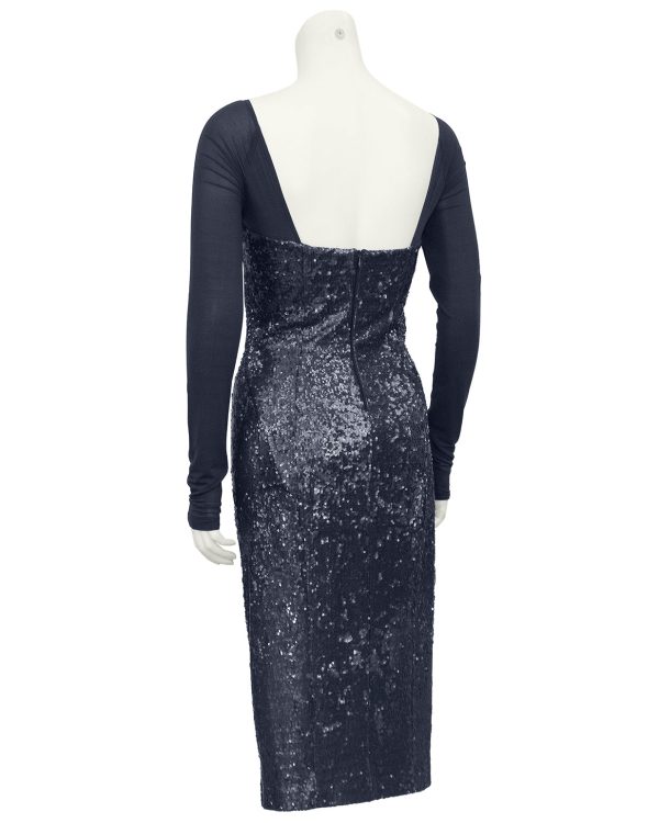 Charcoal Grey Sheer and Sequin Cocktail Dress Discount