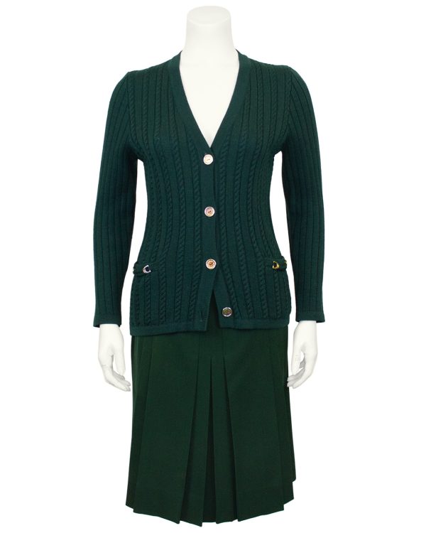 Green Wool Cardigan and Gabardine Skirt Ensemble Online Hot Sale