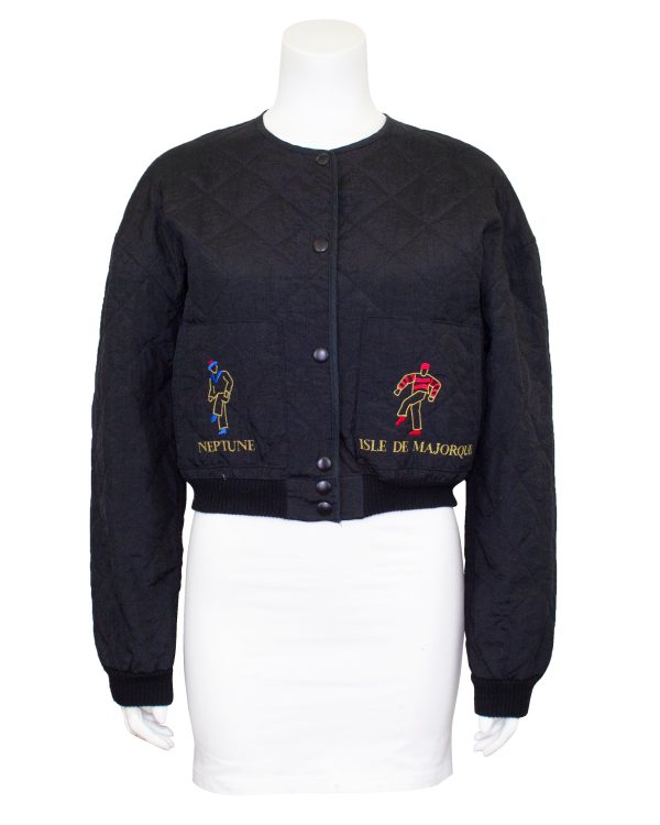 Black Quilted and Embroidered Bomber Jacket For Cheap