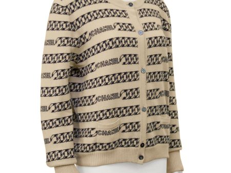 Beige and Black Cashmere Intarsia Chain Pattern Cardigan For Sale