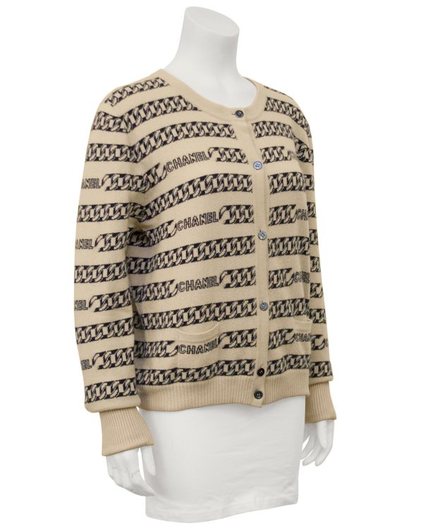 Beige and Black Cashmere Intarsia Chain Pattern Cardigan For Sale