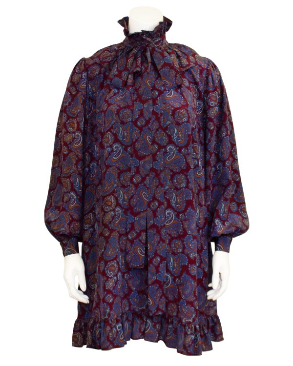 Maroon Russian Collection Silk Paisley Dress For Sale