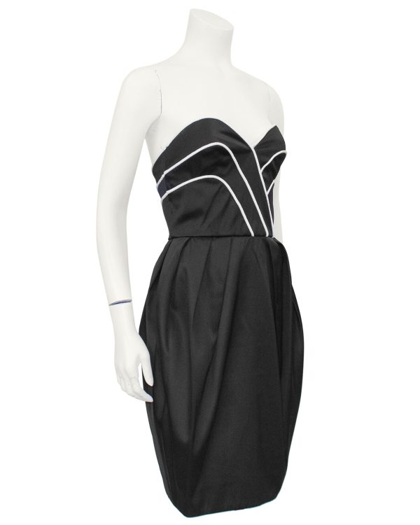 Black Satin Cocktail Dress with White Piping Supply