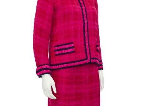 Pink Plaid Haute Couture Suit with Navy Trim For Sale