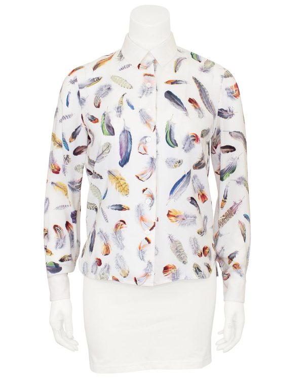 White Silk Blouse with Feather Print on Sale