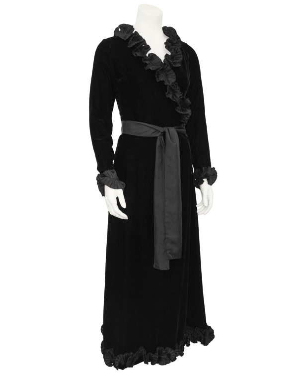 Black Velvet Wrap Evening Dress with Ruffle Trim For Discount