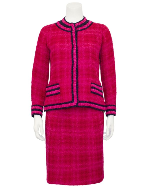 Pink Plaid Haute Couture Suit with Navy Trim For Sale