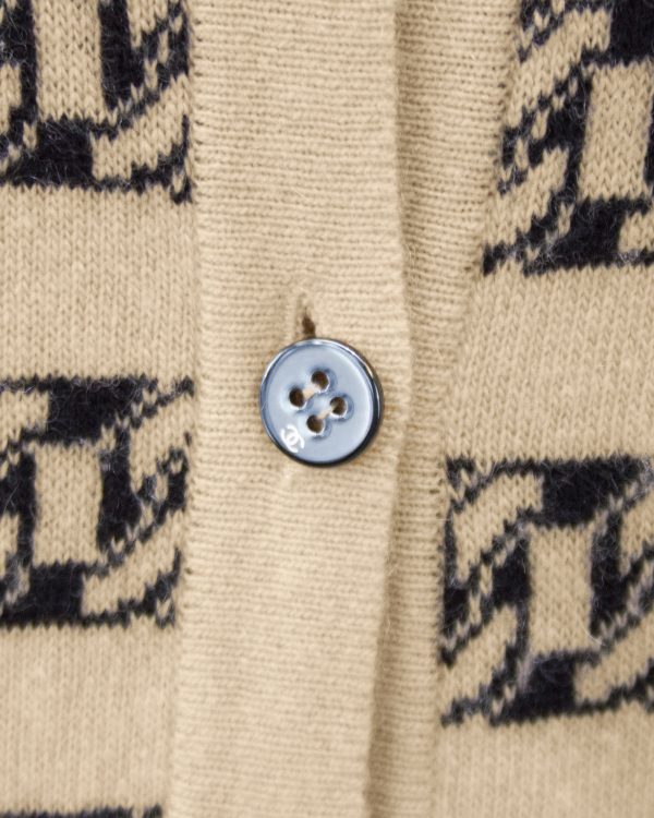 Beige and Black Cashmere Intarsia Chain Pattern Cardigan For Sale