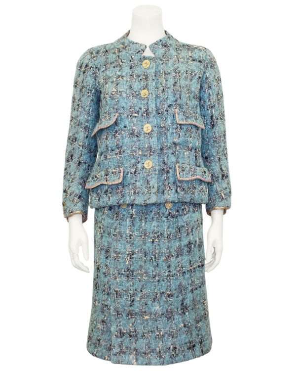 Blue Tweed Haute Couture Jacket and Dress Ensemble Online Hot Sale