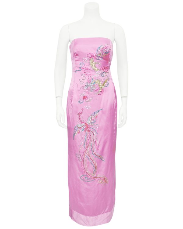 Pink Strapless Silk Gown with Beaded Dragon and Phoenix Hot on Sale