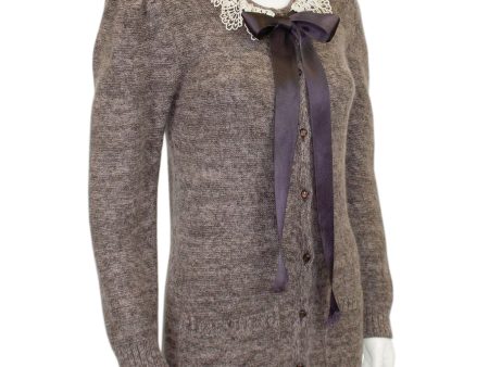 Brown Knit Cardigan with Lace Collar and Ribbon Tie Sale