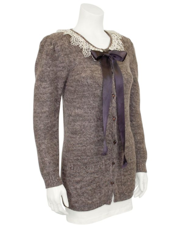 Brown Knit Cardigan with Lace Collar and Ribbon Tie Sale