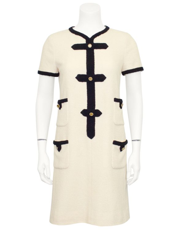 Cream Wool Dress with Black Passimenterie Trim Sale